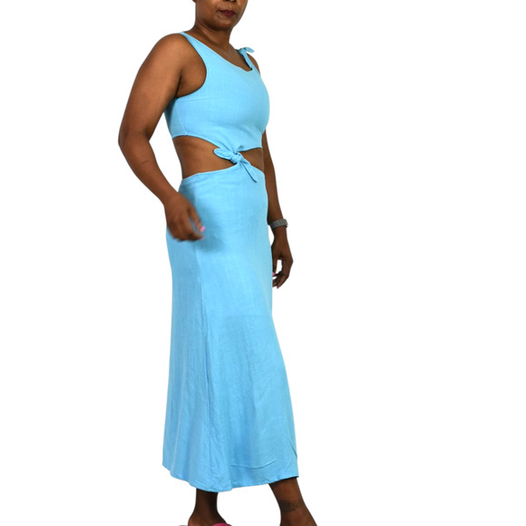 Sundays Tie Shoulder Midi Dress Blue Cutouts Midriff Hemp Slit Two Piece Small - Picture 11 of 12